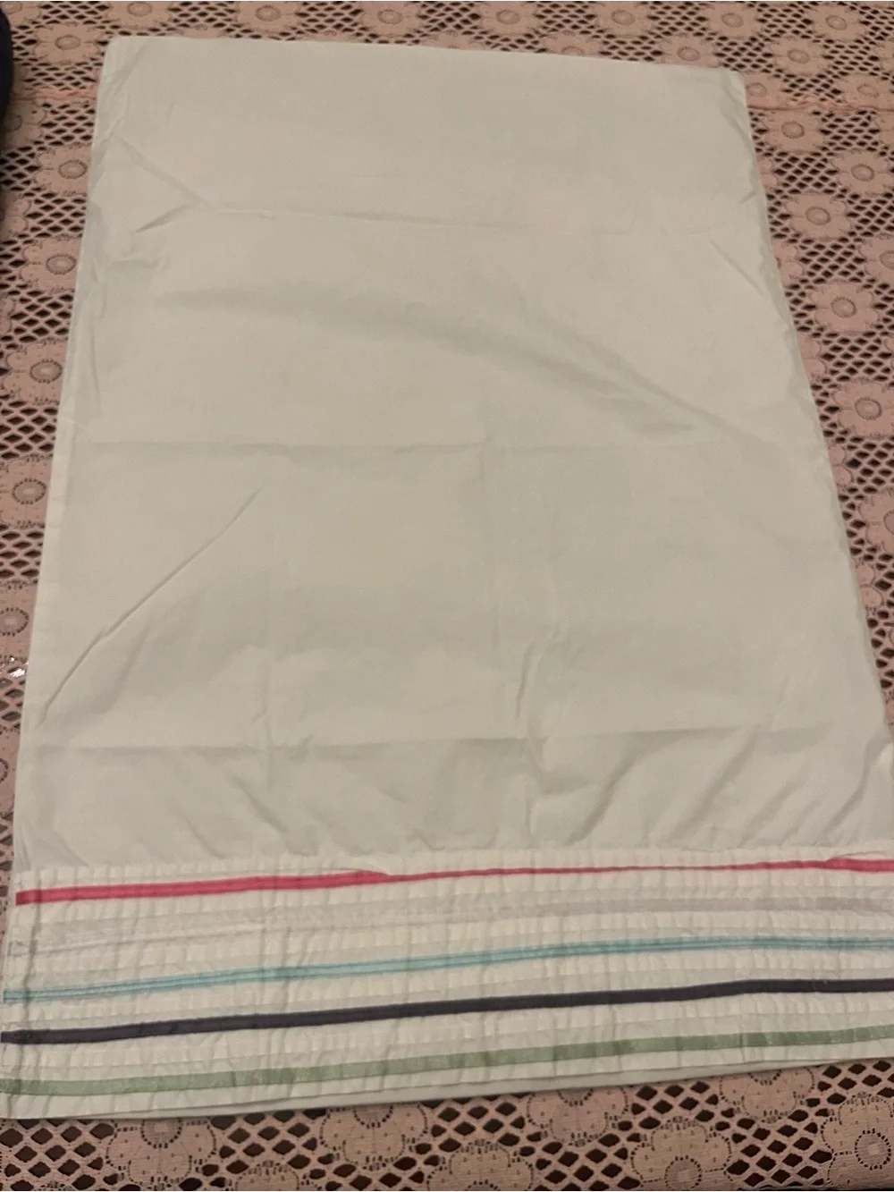 Light Mint Cotton Pillowcase with Multicolor Striped Hem